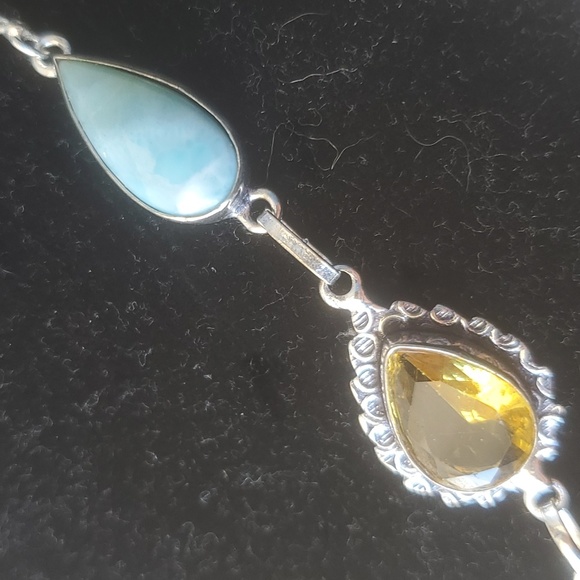 New Ammonite Fossil, Larimar and Citrine 925 Silver Necklace. - Picture 6 of 12